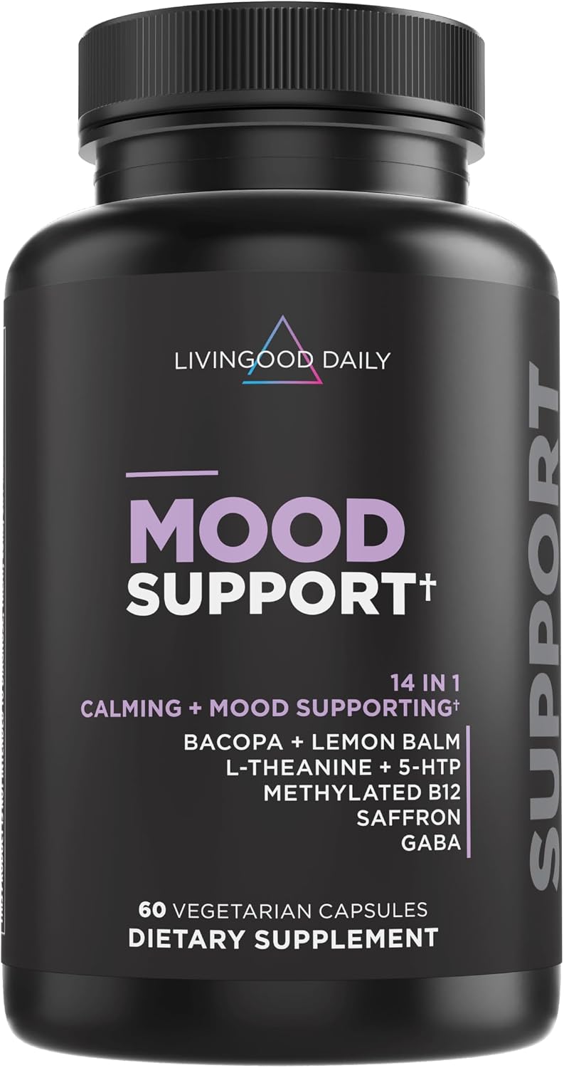 Livingood Daily Mood Support Supplement for Women & Men, 14-in-1 Formula with L Theanine, Lemon Balm, GABA, Saffron, 5-HTP & B12, Supports Focus & Emotional Wellness, Gluten Free, Vegan, 60 Capsules
