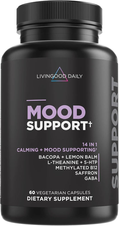 Livingood Daily Mood Support Supplement for Women & Men, 14-in-1 Formula with L Theanine, Lemon Balm, GABA, Saffron, 5-HTP & B12, Supports Focus & Emotional Wellness, Gluten Free, Vegan, 60 Capsules