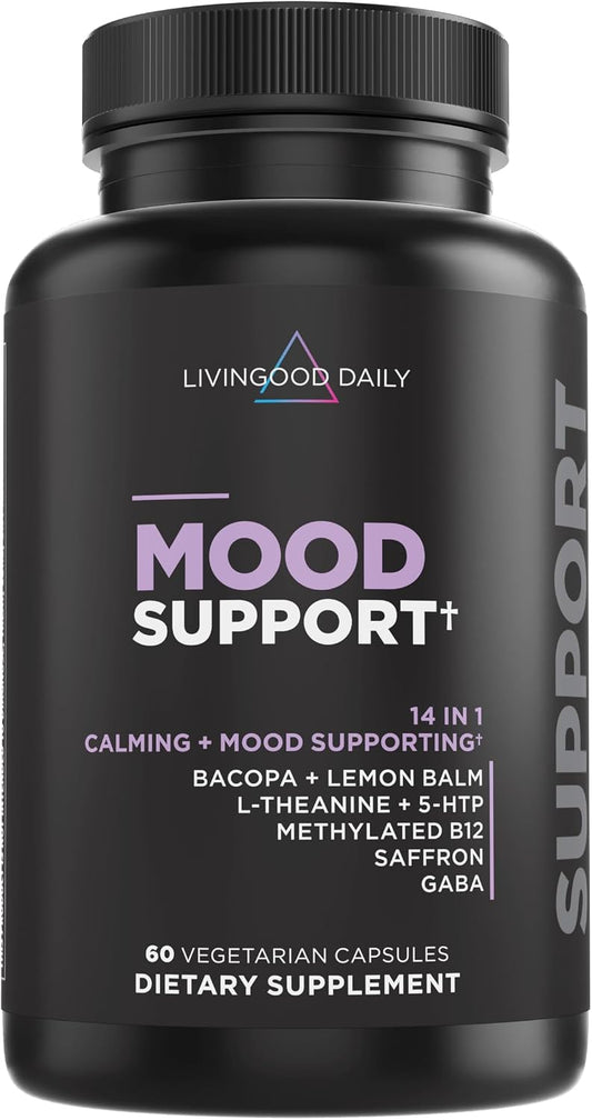 Livingood Daily Mood Support Supplement for Women & Men, 14-in-1 Formula with L Theanine, Lemon Balm, GABA, Saffron, 5-HTP & B12, Supports Focus & Emotional Wellness, Gluten Free, Vegan, 60 Capsules