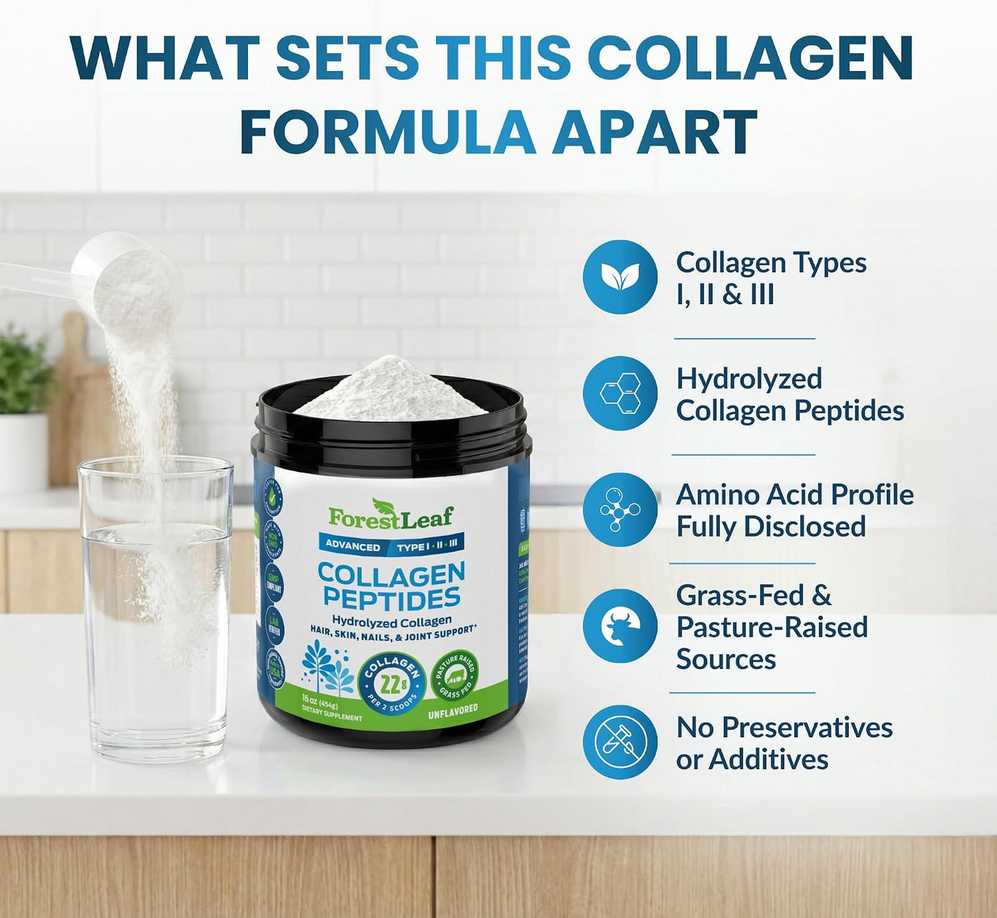 ForestLeaf Collagen Peptides Powder Unflavored - Hydrolyzed Grass Fed Keto Collagen Protein Powder Type 1, 2 & 3 - Vital Hair, Skin, Nails, Joints, Recovery, 11g Per Serving