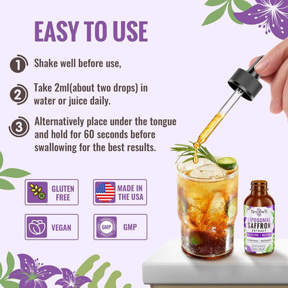 Saffron Supplements - 88.5 mg Saffron Extract Better Bioavailability Liposomal Drops for Mood, Energy, Vision & Focus with Ashwagandha, Turmeric, Magnesium, Zinc, Vitamin B12 & D3, 60 ml, 30 Servings | Liposomal Formula, With Ashwagandha, Magnesium, Zinc,