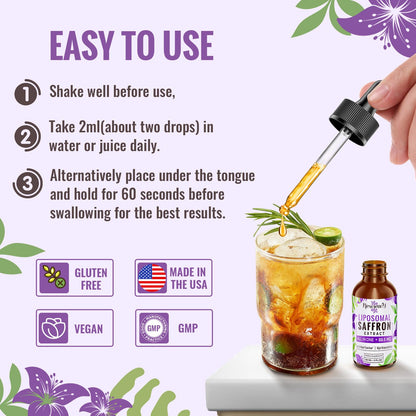 Saffron Supplements - 88.5 mg Saffron Extract Better Bioavailability Liposomal Drops for Mood, Energy, Vision & Focus with Ashwagandha, Turmeric, Magnesium, Zinc, Vitamin B12 & D3, 60 ml, 30 Servings | Liposomal Formula, With Ashwagandha, Magnesium, Zinc,