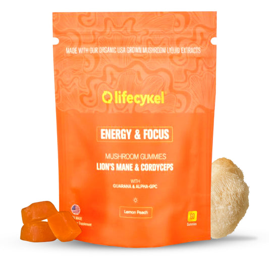 Life Cykel - AM Energy and Focus Mushroom Gummies, 60 Count - Organic Lion's Mane Gummies with Cordyceps, Guarana & Alpha GPC for Mental Clarity, Natural Energy, Endurance & Focus - Lemon Peach Flavor