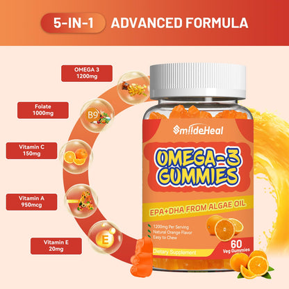 Omega 3 Gummies Supplement 1000mg, High Absorption DHA & EPA, Heart, Brain & Joint Support, Extra Strength Fish Oil Omega 3 Gummies Vitamins, 60 Count