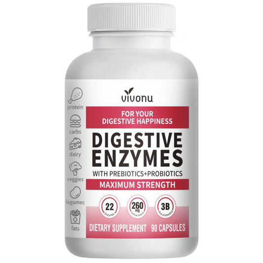 VivoNu Digestive Enzymes | 22 Enzymes with Organic Prebiotics & Probiotics | Supports Digestion* of Protein, Carbs, Fiber & Dairy | 180 Capsules