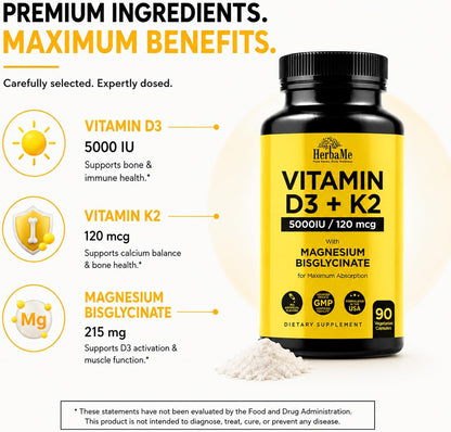 HerbaMe Vitamin D3 5000 IU + K2 with Magnesium Bisglycinate | Complete D3 Activation & Absorption Support Formula | Bone, Muscle & Immune Wellness | 90 Capsules