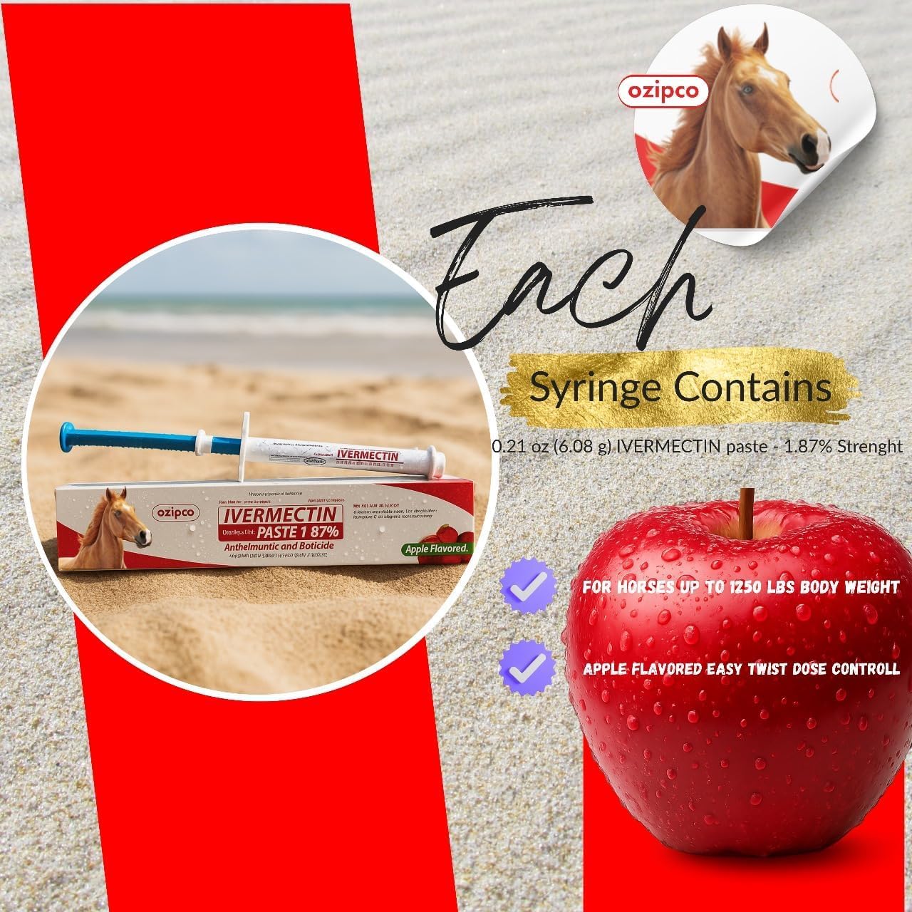 Ivermectin Horse Paste 1.87% | Apple Flavor – 6.08g Syringe for Equine Use Only Up to 1250 LB