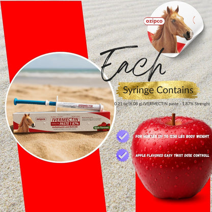 Ivermectin Horse Paste 1.87% | Apple Flavor – 6.08g Syringe for Equine Use Only Up to 1250 LB