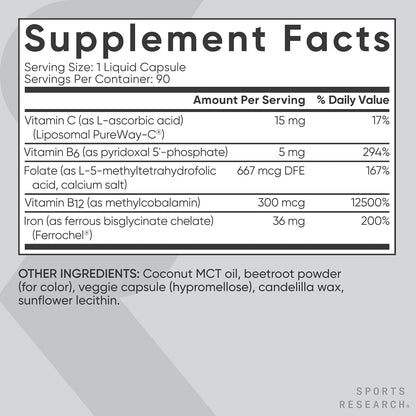 Sports Research® Blood Balance Iron Supplement - 36 MG Iron + Folate & Vitamin C for Absorption - Red Blood Cell Support for Women & Men* - Vegan Certified · Non-GMO · Gluten-Free - 90 Capsules