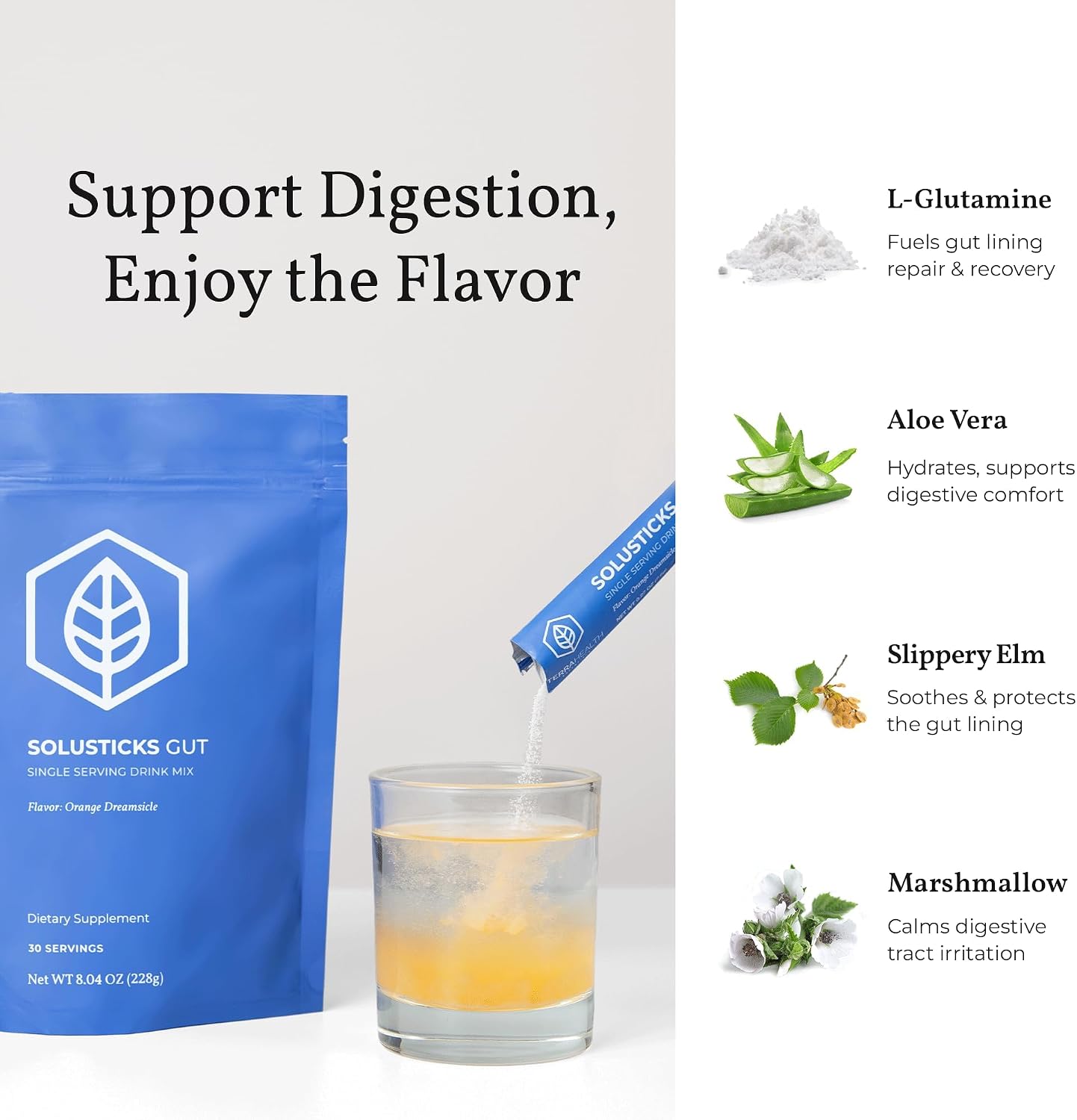 Terra Health Essentials Solusticks Gut - Leaky Gut Supplement - Complete Stomach Lining Repair, Digestive Support & Muscle Recovery - Slippery Elm, Licorice, L Glutamine Powder - Orange, 30 Sticks