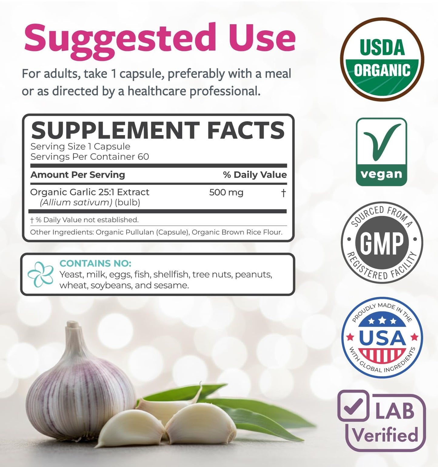 PURE CO USDA Organic Garlic Supplement - High Potency 25:1 Garlic Extract with 12,500mg Herbal Equivalent Strength for Immune & Heart Support - Odorless Vegan & Non-GMO (4 Month Supply)