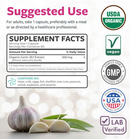 PURE CO USDA Organic Garlic Supplement - High Potency 25:1 Garlic Extract with 12,500mg Herbal Equivalent Strength for Immune & Heart Support - Odorless Vegan & Non-GMO (4 Month Supply)