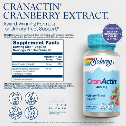 SOLARAY CranActin Cranberry Extract 400 mg - Cranberry Supplements for Women and Men - Bladder and Urinary Tract Health Support with Vitamin C - Vegan, 60-Day Guarantee, 120 Servings, 120 VegCaps