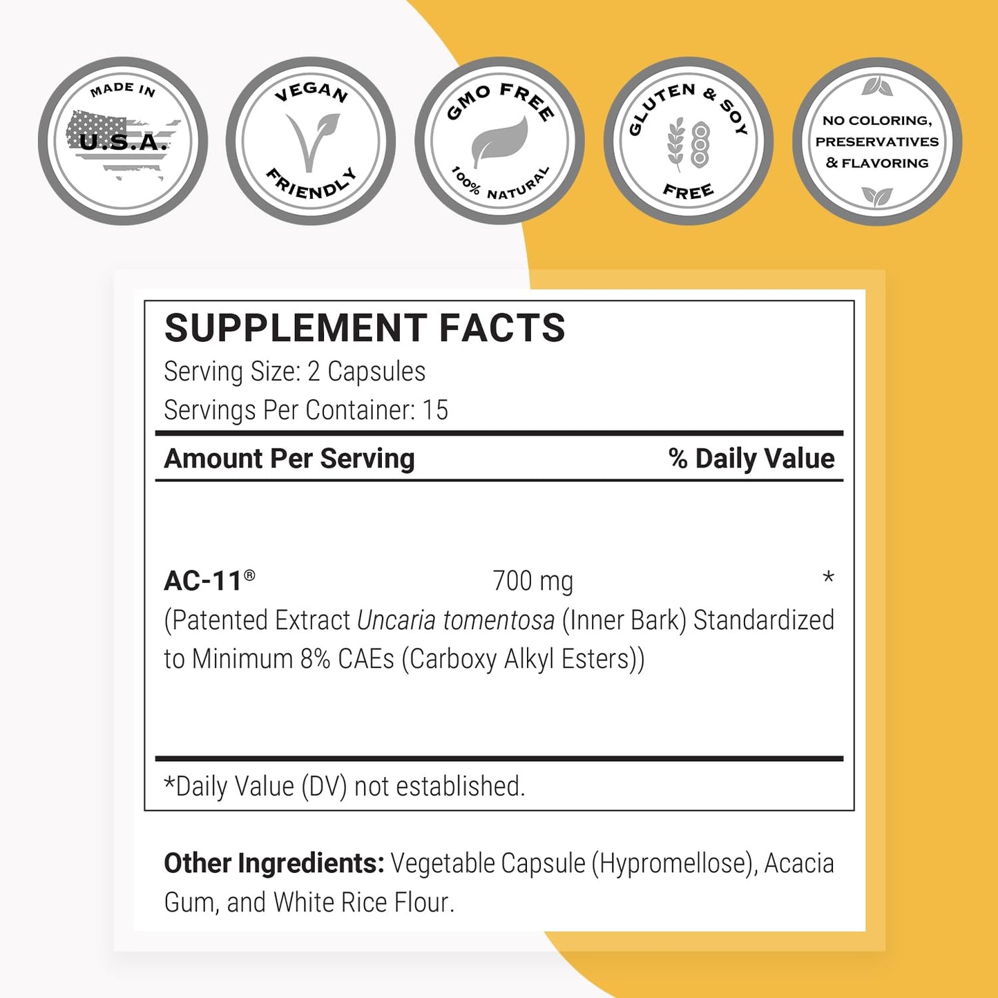 Supersmart AC-11 Supplement 700mg per Day (Cat's Claw Extract) - Uncaria Tomentosa Bark | Non-GMO & Gluten Free - 60 Vegetarian Capsules | Extract from Uncaria tomentosa with plant bioactive ingredients - 60 capsules
