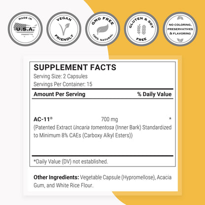 Supersmart AC-11 Supplement 700mg per Day (Cat's Claw Extract) - Uncaria Tomentosa Bark | Non-GMO & Gluten Free - 60 Vegetarian Capsules | Extract from Uncaria tomentosa with plant bioactive ingredients - 60 capsules