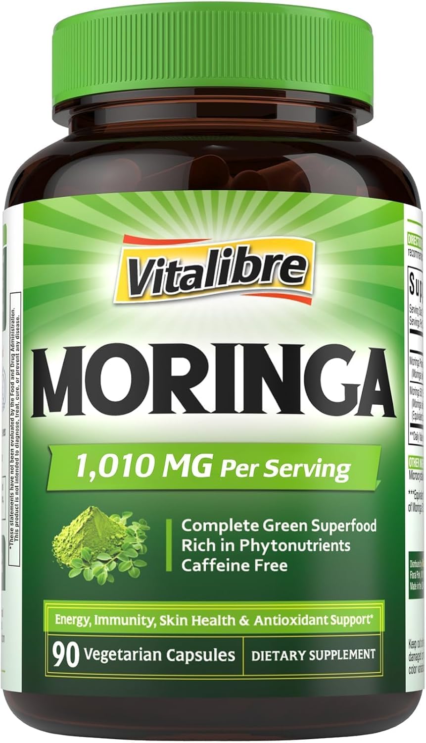 Moringa 1,010 mg, Maximum Potency, Complete Green Superfood, Rich in Antioxidants, No Gluten & Caffeine, Non-GMO, Energy, Immune, Gut & Skin Health, 90 Vegan Capsules