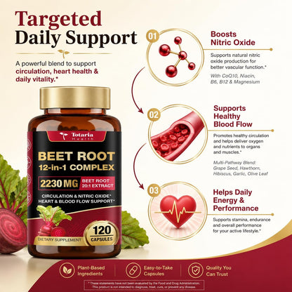 Totaria Beetroot Capsules 2230mg Support Blood Pressure & Heart Health, Nitric Oxide Supplement with Grape Seed, Hawthorn, Garlic & CoQ10, Blood Flow Beet Root Powder | 120 Count