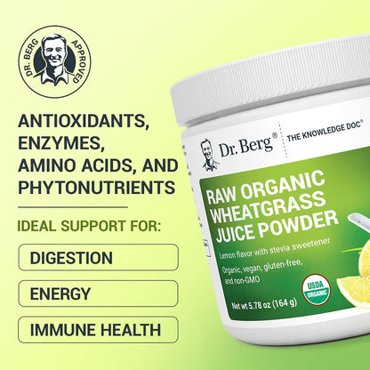 Dr. Berg USDA Certified Organic Green Powder Superfood (60 Servings) - Made with Raw Wheatgrass, Chlorophyll, Trace Minerals & Natural Enzymes - Non-GMO Green Superfood Powder - Lemon Flavor