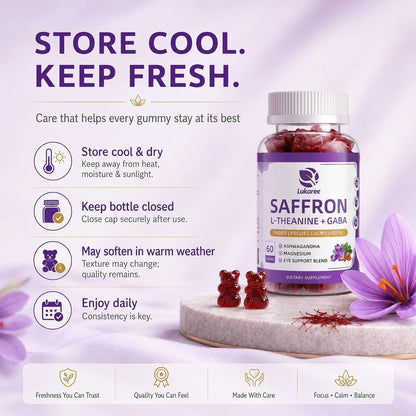 Saffron Gummies 88.5mg with L-Theanine 200mg, GABA for Mood, Focus & Vision | 10-in-1 Supplements for Adults with Ashwagandha, Eye Support Blend, GMP Certified, Sugar Free, Vegan, 60 Day Supply