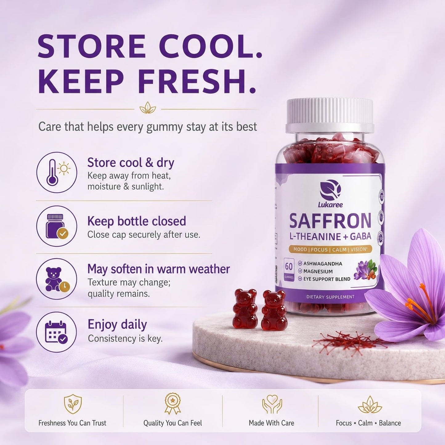 Saffron Gummies 88.5mg with L-Theanine 200mg, GABA for Mood, Focus & Vision | 10-in-1 Supplements for Adults with Ashwagandha, Eye Support Blend, GMP Certified, Sugar Free, Vegan, 60 Day Supply