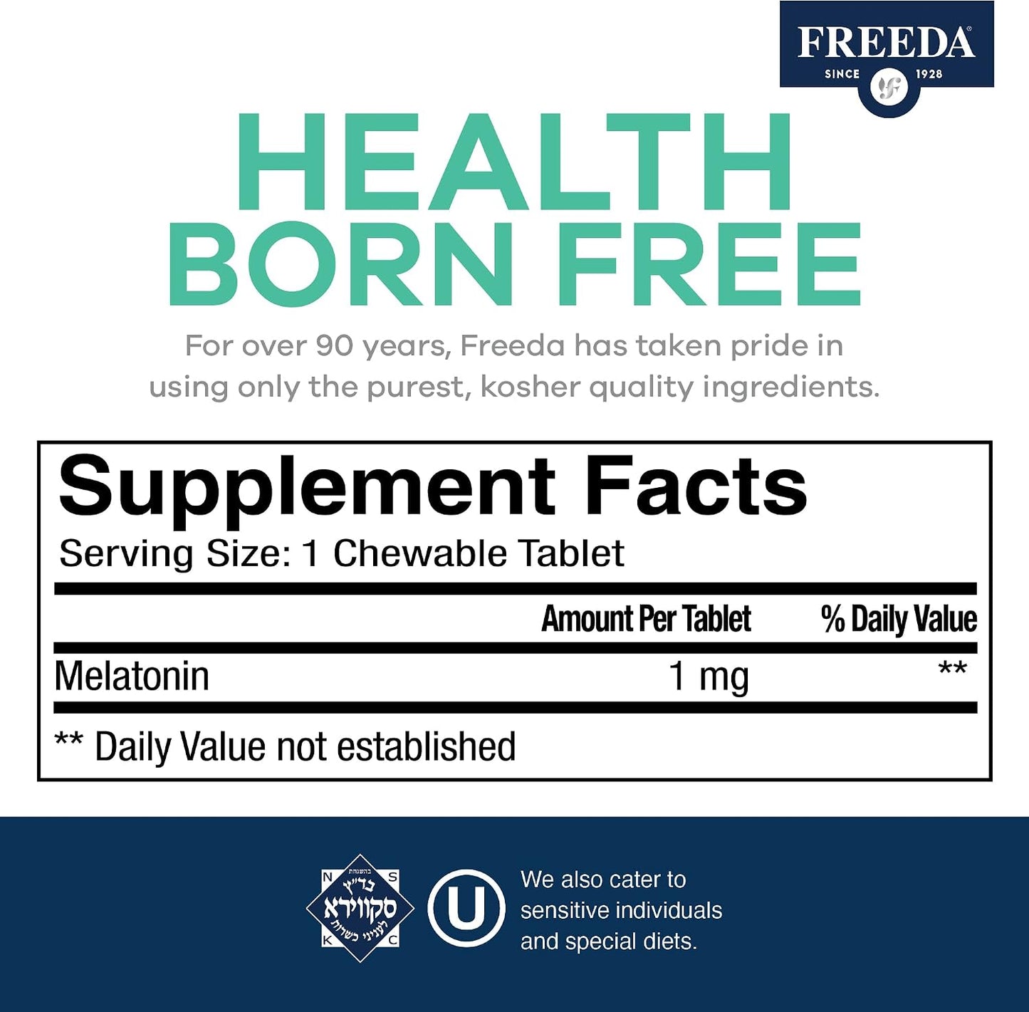 FREEDA Melatonin 1mg - Natural Fruit Flavor - 90 Chewable Tablets | Sugar-Free Melatonin Tablets - Non-Habit Forming - Vegan, Gluten-Free, Kosher, Safe for Adults and Kids 3+ - Made in USA