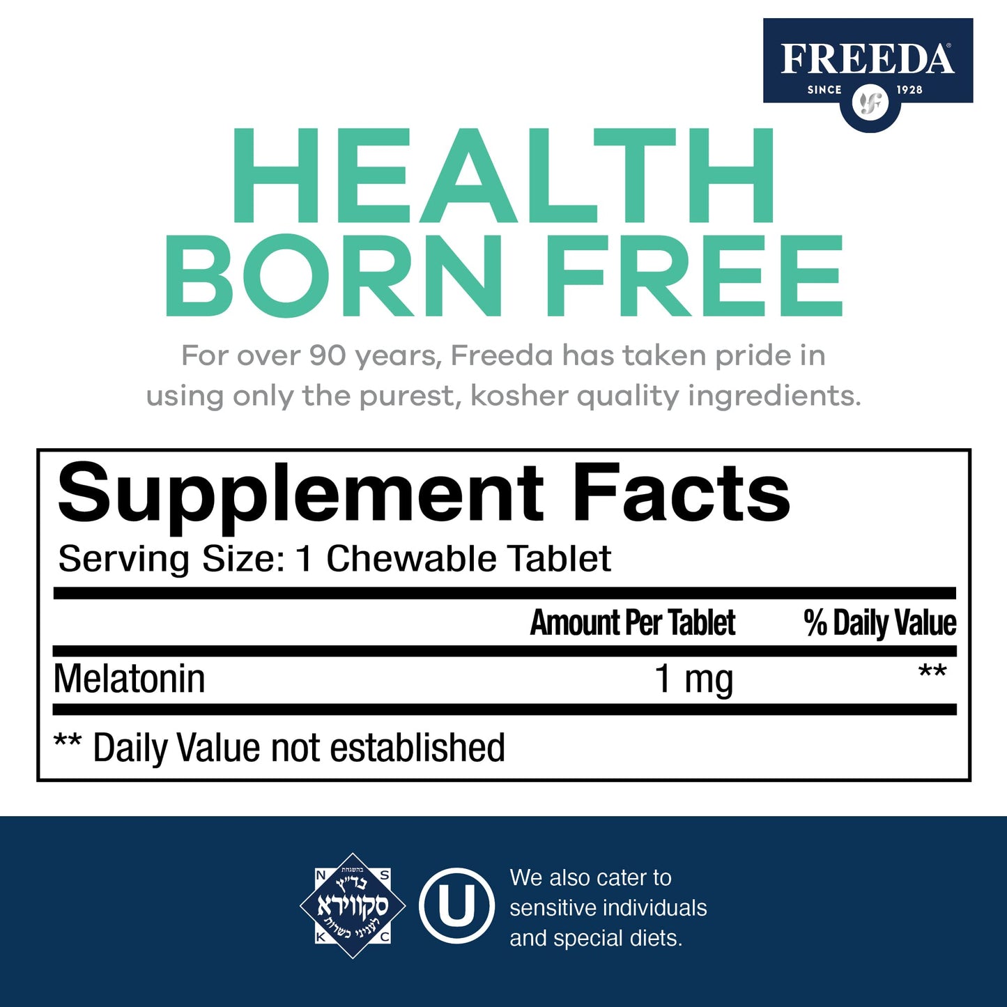 FREEDA Melatonin 1mg - Natural Fruit Flavor - 90 Chewable Tablets | Sugar-Free Melatonin Tablets - Non-Habit Forming - Vegan, Gluten-Free, Kosher, Safe for Adults and Kids 3+ - Made in USA