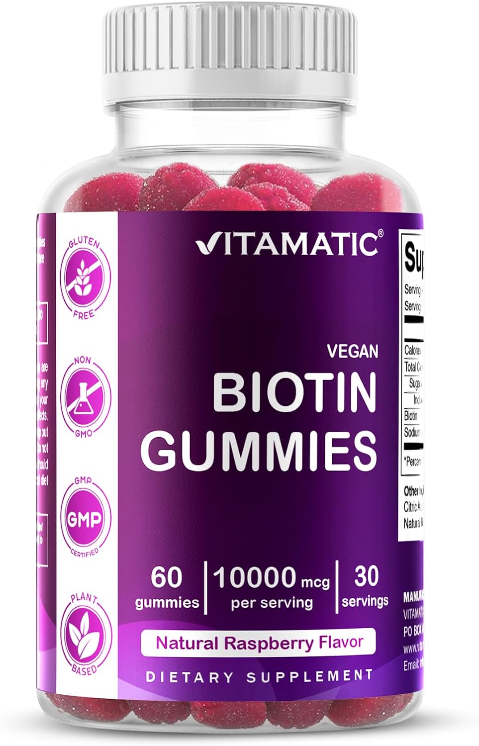 Vitamatic Biotin Gummies 10,000 mcg, 60 Vegan Gummies, Raspberry Flavor | 10000 mcg Per Serving, Natural Raspberry Flavor, Pectin Based, Non-GMO, Gluten Free, GMP Certified