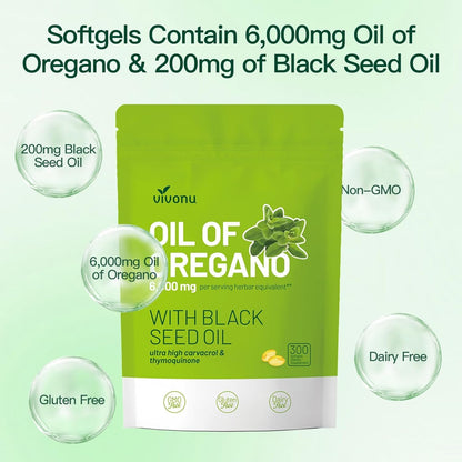 VivoNu Oil of Oregano Capsules, Balanced Oil of Oregano with Black Seed Oil, Organic OreganoOil Softgels,Carvacrol,Thymoquinone, Non-GMO (600pcs/2Bags)