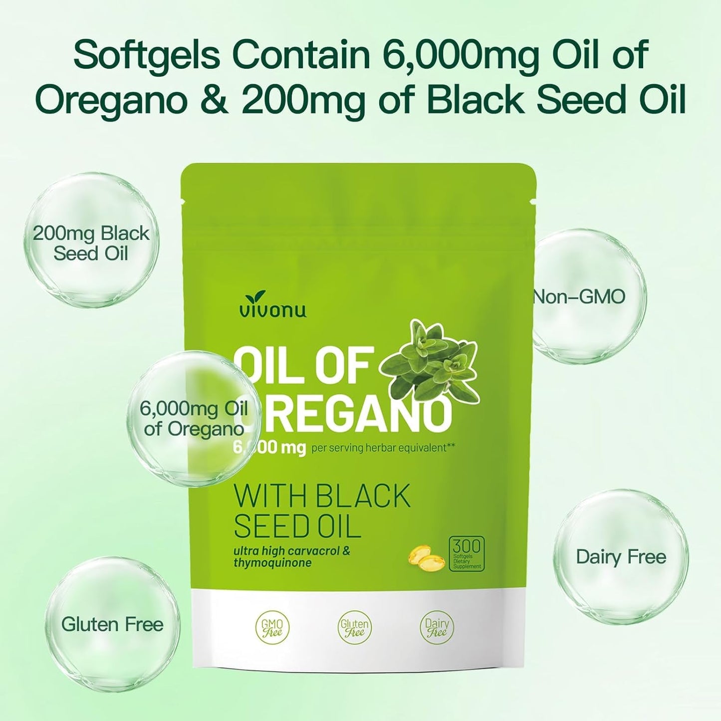 VivoNu Oil of Oregano Capsules, Balanced Oil of Oregano with Black Seed Oil, Organic OreganoOil Softgels,Carvacrol,Thymoquinone, Non-GMO (600pcs/2Bags)