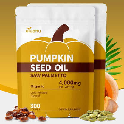 VivoNu Pumpkin Seed Oil with Saw Palmetto Capsules, 4000mg 300 Softgels | Organic, Cold Pressed | DHT Blocker | Supports Hair, Urinary, Bladder & Prostate Health | Non-GMO | Organic, Cold Pressed | DHT Blocker | Supports Hair, Urinary, Bladder & Prostate
