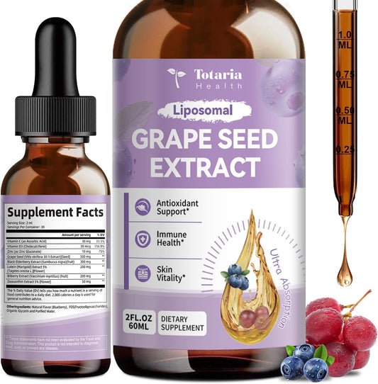 Totaria Grape Seed Extract Liquid Drops | High Potency 95% Polyphenols Antioxidant Supplement for Skin, Heart & Immune Support | Vegan, Gluten Free | Alcohol-Free & Non-GMO | 2FL