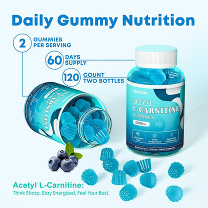 2 Pack Sugar Free Acetyl L-Carnitine Gummies, L-Carnitine Supplement for Women & Men, with Vitamin C & B12, ALCAR for Energy, Brain & Heart Health Support, Vegan, Non-GMO, 120 Count