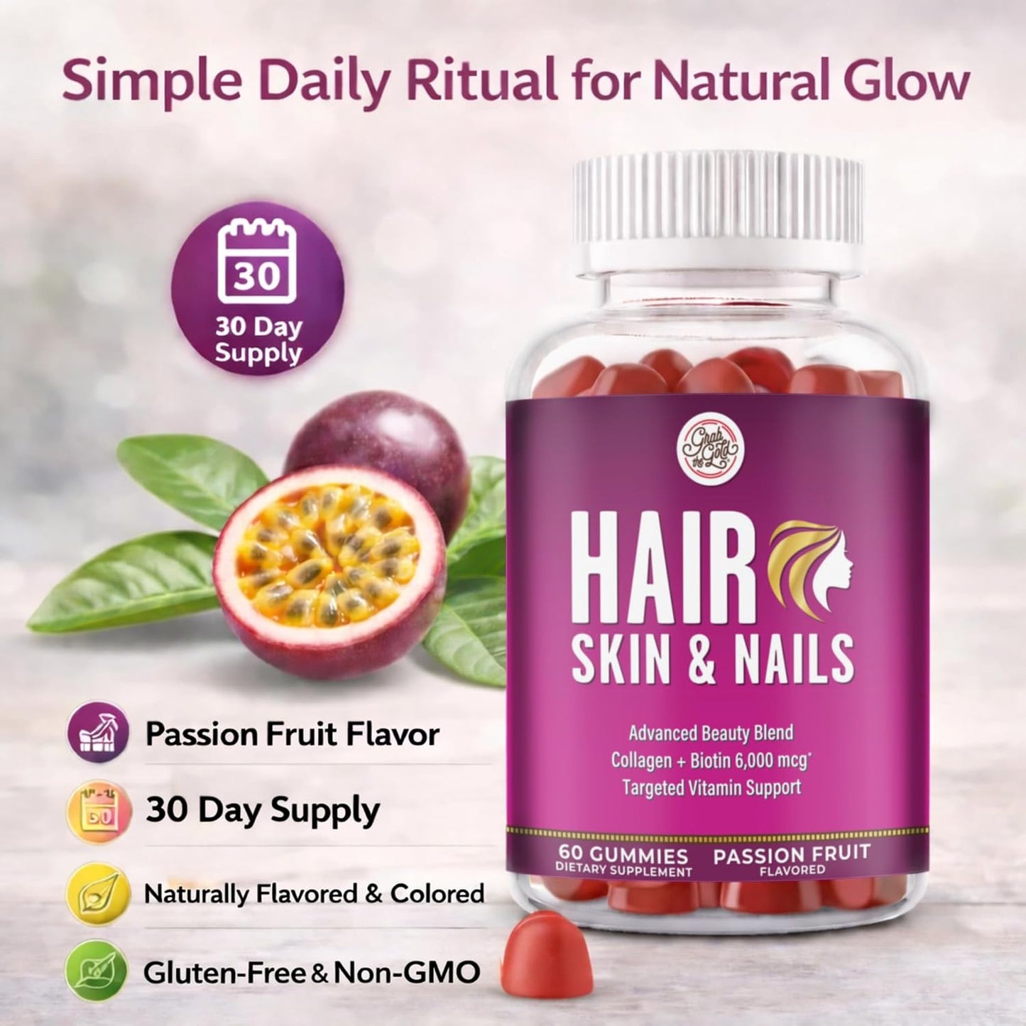 Grab The Gold Hair Skin & Nails Gummies Biotin Collagen Passion Fruit
