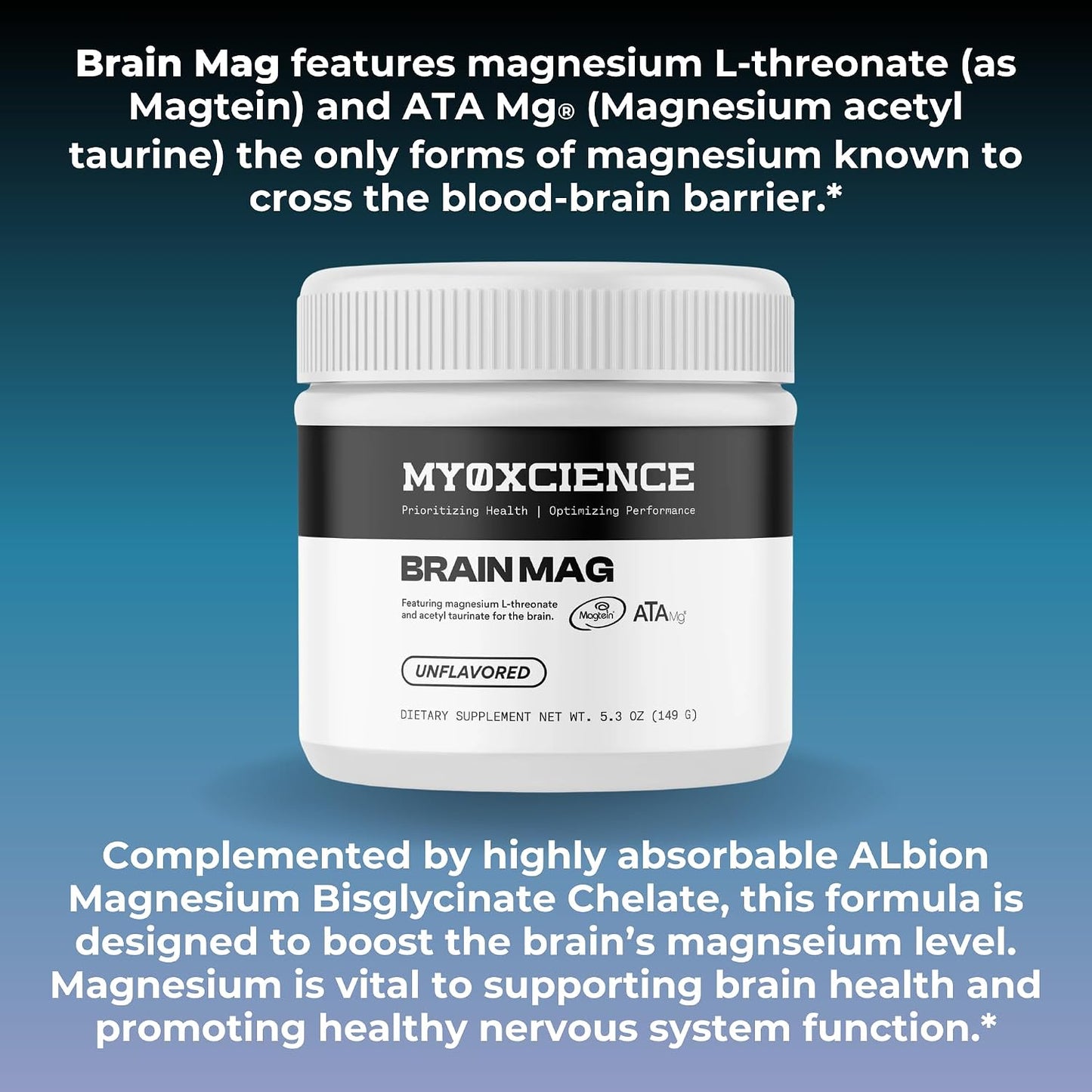 MYOXCIENCE Brain Mag | Magnesium L-Threonate Magtein & Magnesium Glycinate Powder (Unflavored) (60 Servings)