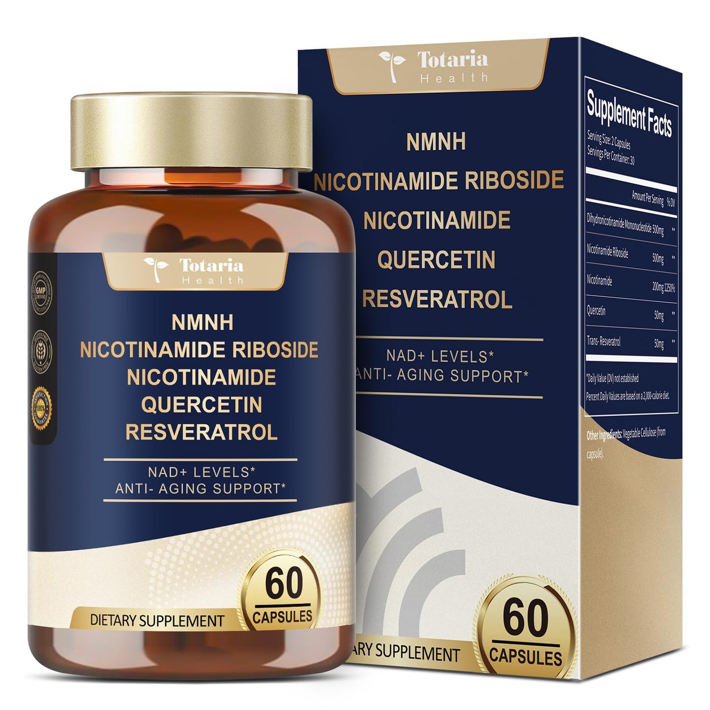 Totaria NMNH 500mg (Dihydronicotinamide Mononucleotide), Premium NMN Alternative Supplement w/Niacinamide (Vitamin B3), Quercetin, Trans-Resveratrol, for NAD+, Skin Cell, Anti-Aging & Energy, 120 Ct