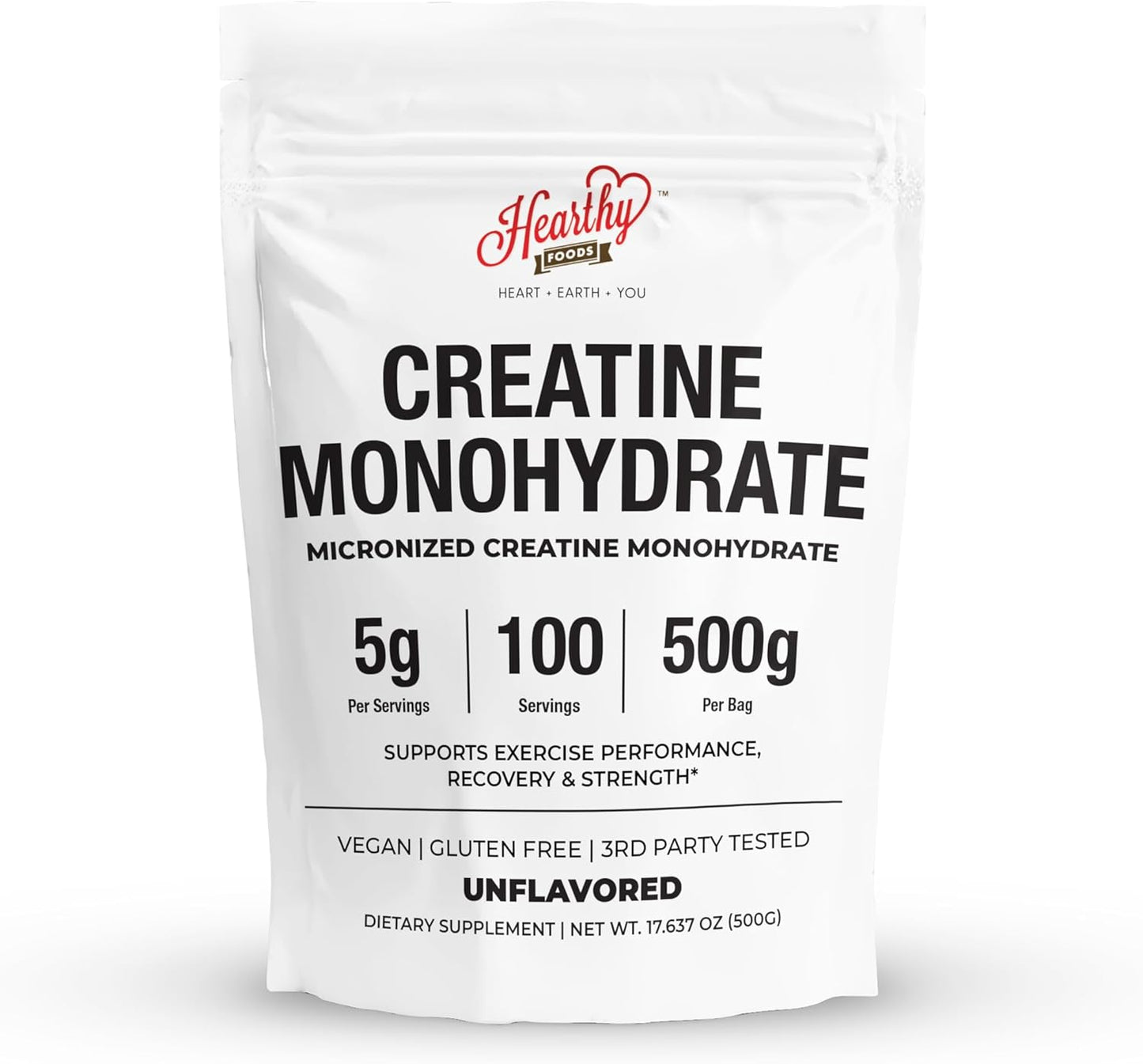 HEARTHY FOODS Creatine Monohydrate Micronized Powder 500G - 100 Servings, 5000mg Per Serving (5g) - for Men & Women Muscle Growth & Recovery - UNFLAVORED