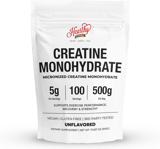 HEARTHY FOODS Creatine Monohydrate Micronized Powder 500G - 100 Servings, 5000mg Per Serving (5g) - for Men & Women Muscle Growth & Recovery - UNFLAVORED
