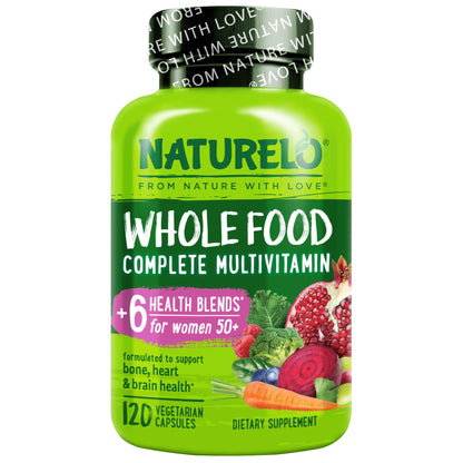 NATURELO Whole Food Multivitamin for Women 50+ (Iron Free) with Vitamins, Minerals, & Organic Extracts - Supplement for Post Menopausal Women Over 50 - No GMO - 120 Vegan Capsules