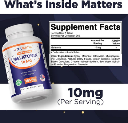 Vitamatic Melatonin 10 mg Fast Dissolve Tablets – Quick-Dissolving Sleep Support Supplement for Adults – Vegetarian, Non-GMO & Gluten-Free – Natural Berry Flavor – 365 Tablets