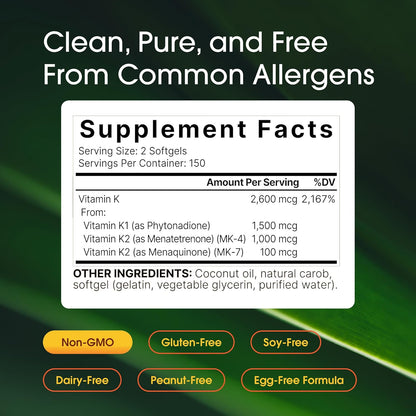 NatureBell Vitamin K Complex - 300 Softgels - Delivers 2,600mcg Vitamin K - Full Spectrum Bone & Heart Health Support Supplement - High Absorption K1 & K2 MK-4 & MK-7*