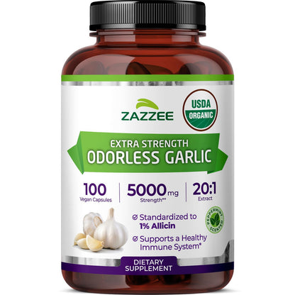 Zazzee USDA Organic Odorless Garlic 20:1 Extract, 1% Allicin, 100 Vegan Capsules, 3+ Month Supply, Allium Sativum, Immune, Circulation & Heart Health Support, All-Natural, Non-GMO, Made in the USA