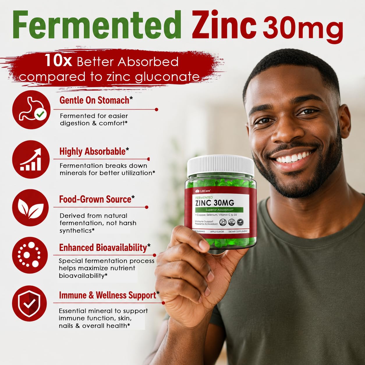 Zinc Gummies + Copper, Selenium, Vitamin C & D3, Fermented Zinc Supplements for Women & Men with Elderberry, Daily Immune Gummies, Powerful Antioxidant, Superior Absorption, Vegan, Sugar Free, 2 Pack