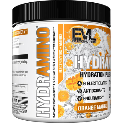 Evlution Nutrition HYDRAMINO Complete Hydration Multiplier, 6 Electrolytes, Vitamin C & B, Fluid Boosting Aminos, Coconut Water, Endurance, Recovery, Antioxidants, 30 Serve, Orange Mango (Dye Free)