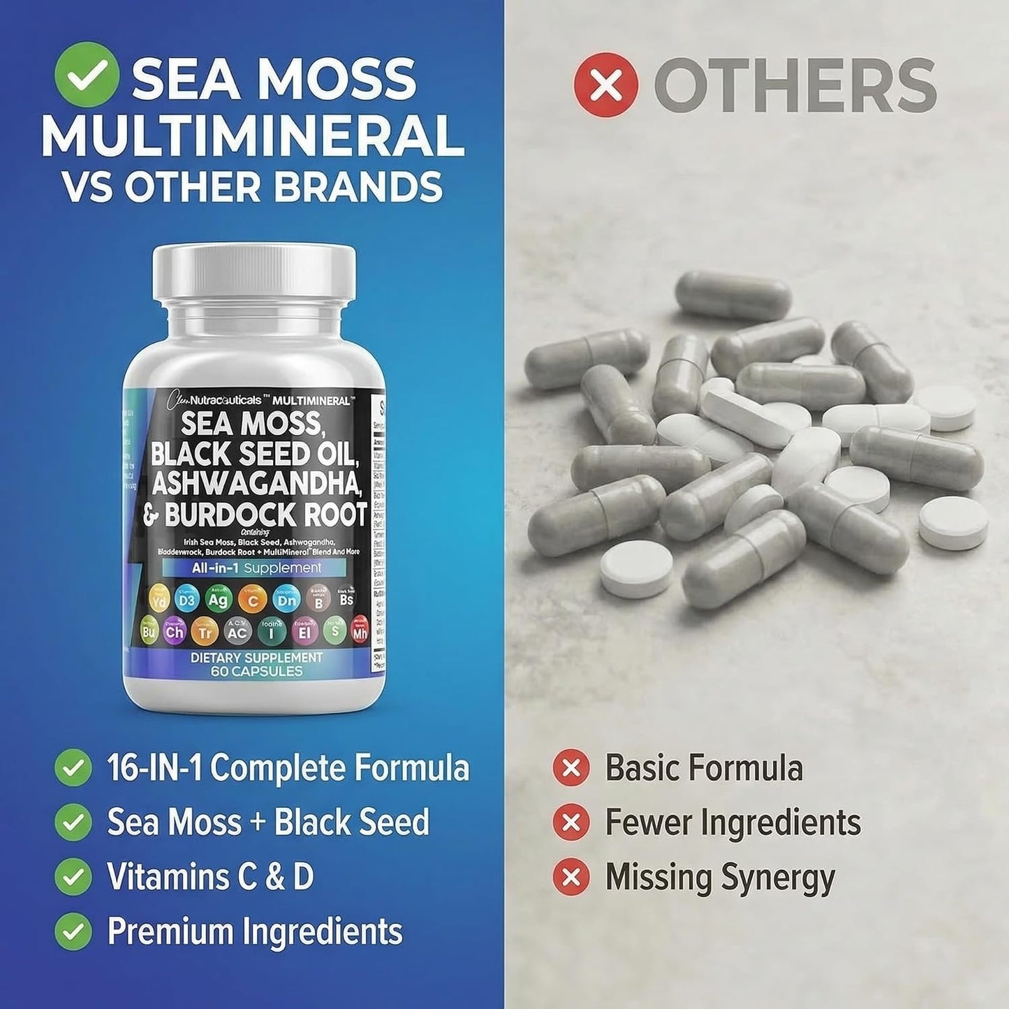 Clean Nutraceuticals Sea Moss Black Seed Oil Ashwagandha Turmeric Bladderwrack Burdock & Vitamin C Vitamin D3 with Elderberry Manuka Dandelion Yellow Dock Iodine Chlorophyll ACV