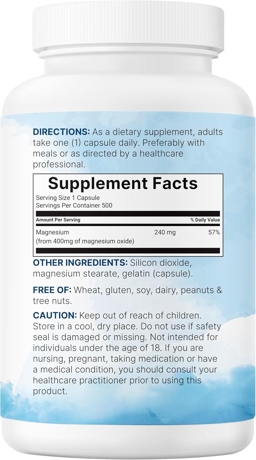 Magnesium Oxide 400mg, 500 Capsules | Elemental Form for Max Concentration | Supports Calm, Muscle & Nerve Health | Non-GMO