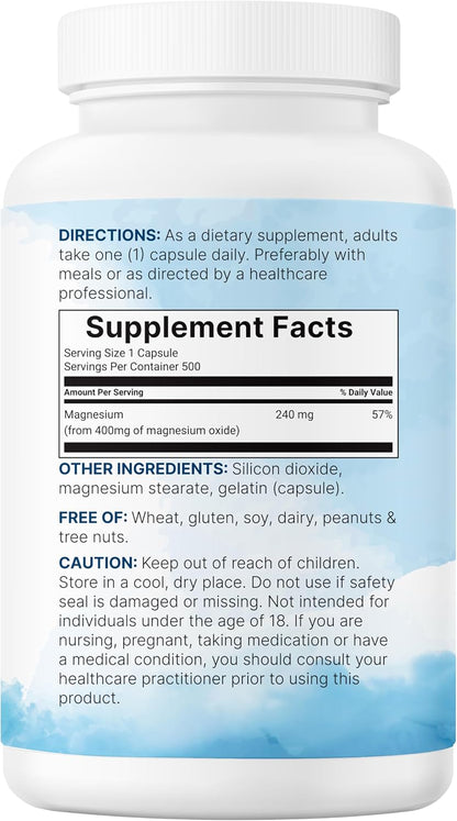 Magnesium Oxide 400mg, 500 Capsules | Elemental Form for Max Concentration | Supports Calm, Muscle & Nerve Health | Non-GMO