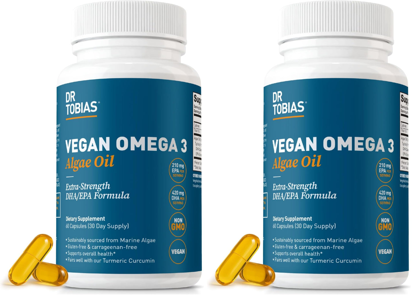 Dr. Tobias Vegan Omega 3 Algae Oil 60 Capsules | Extra-Strength DHA EPA | Plant-Based Omega 3 Supplement | Heart & Brain Support | 420 mg DHA + 210 mg EPA | Lemon Flavor | 30 Servings