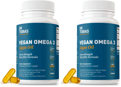 Dr. Tobias Vegan Omega 3 Algae Oil 60 Capsules | Extra-Strength DHA EPA | Plant-Based Omega 3 Supplement | Heart & Brain Support | 420 mg DHA + 210 mg EPA | Lemon Flavor | 30 Servings
