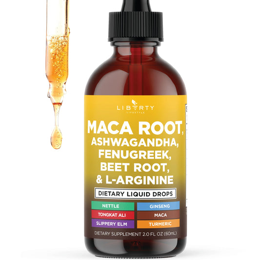 Liberty Lifestyle Organic Maca Root Liquid Drops with Ashwagandha, Nettle, Fenugreek, Beet Root and L-Arginine Liquid Multivitamin for Women and Men - 2oz