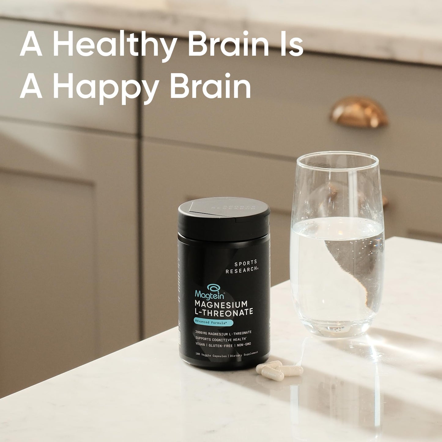 Sports Research® Magnesium L-Threonate Capsules 2000mg - High-Absorption Magtein® for Enhanced Brain Health, Memory, Focus & Restful Sleep Support - Vegan · Non-GMO · Gluten Free - 90 Count